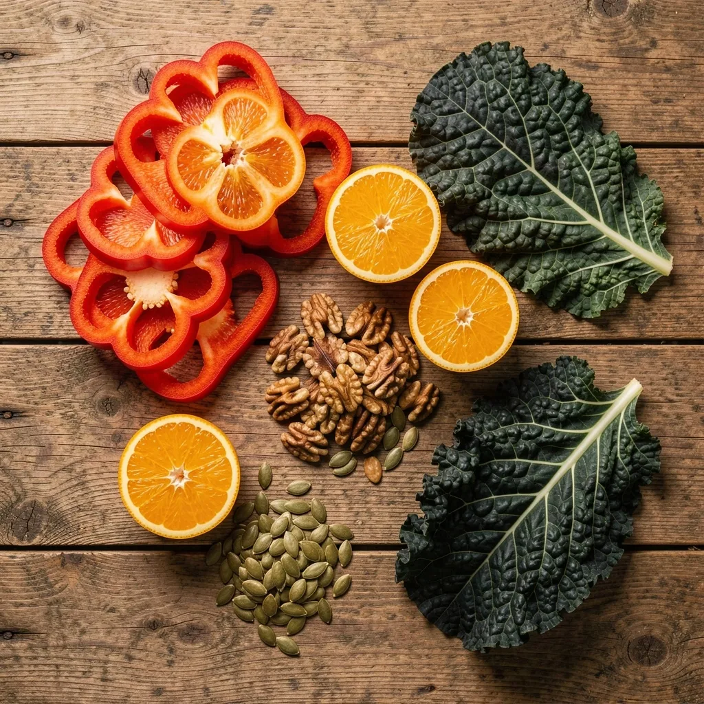 Čerstvé potraviny bohaté na vitamín C a zinek na dřevěném stole