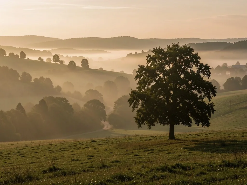 Zamlžená ranní krajina moravského venkova s obrysem stromu