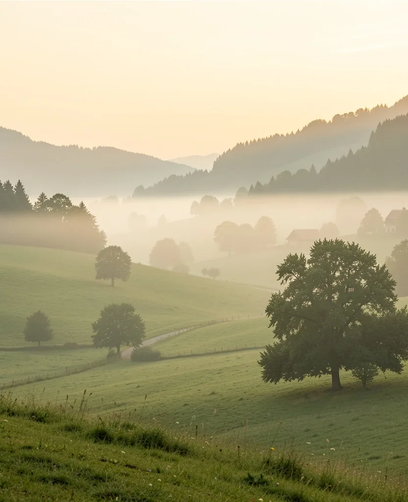 Klidná krajina v ranním oparu